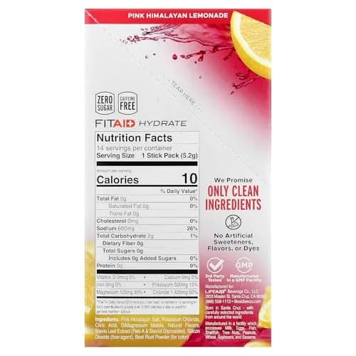 LIFEAID FITAID Hydrate Electrolyte Mix, Pink Lemonade | Zero Sugar, 14 Stick Packs, USA Import thumbnail 2