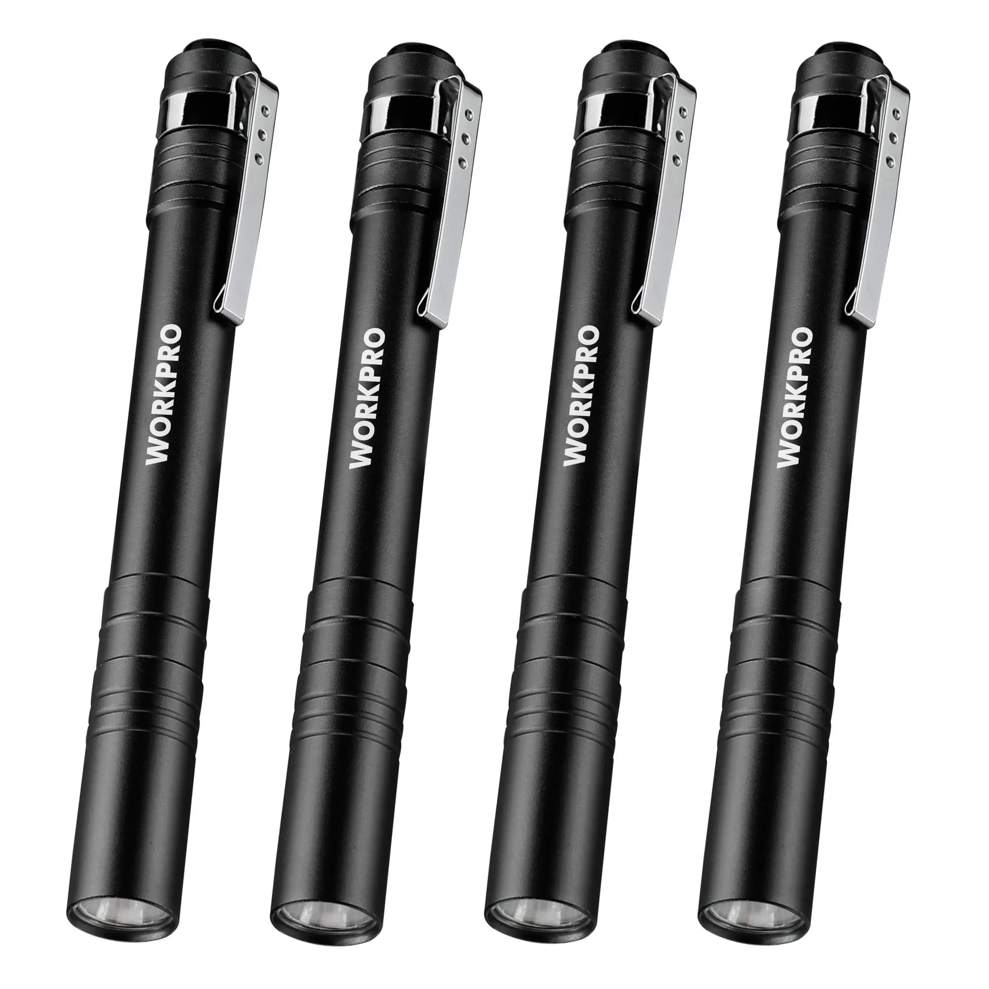 WORKPRO LED Pen Light, Aluminum Pen Flashlight with Clip, 4 Count (Black) | Inspection, Emergency, Everyday Use