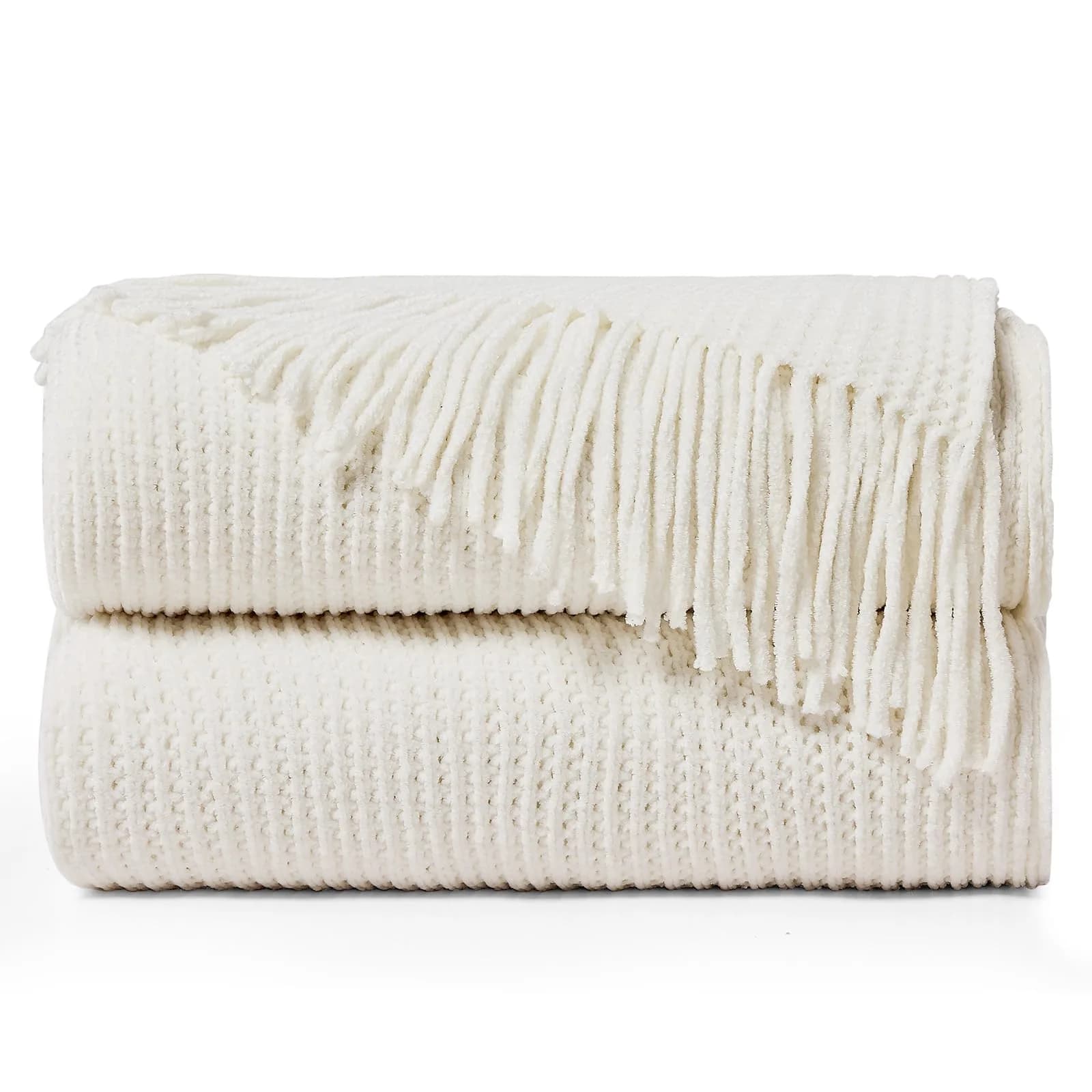 inhand Knitted Throw Blanket 50"x60" | Soft Chenille Woven Boho Decor — Medium Thick-off White