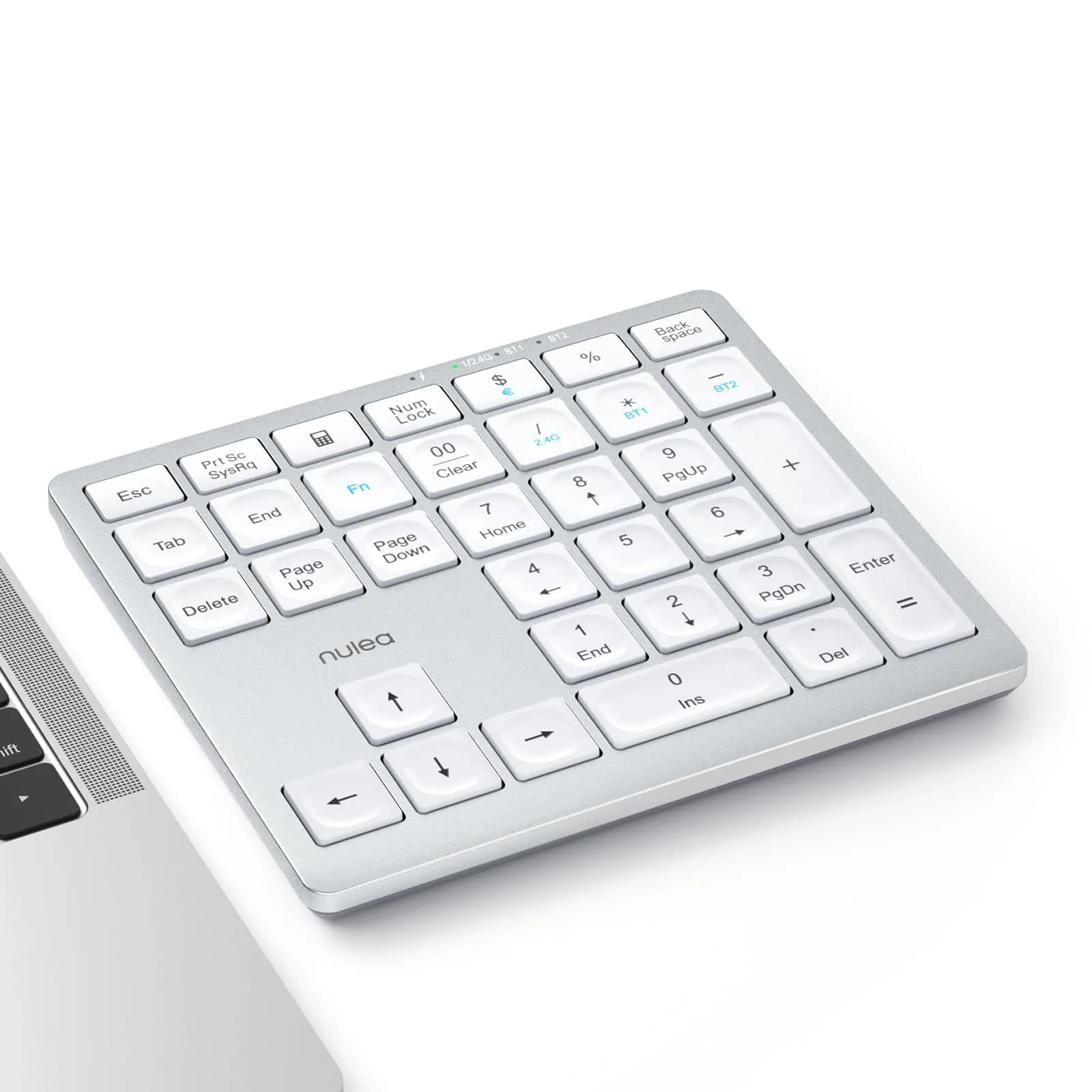 Nulea Wireless Number Pad Bluetooth 5.0 & 2.4G Numeric Keyboard, USB-C Rechargeable, 34-Keys Silvery White | Data Entry Productivity Tool — C-Silvery White