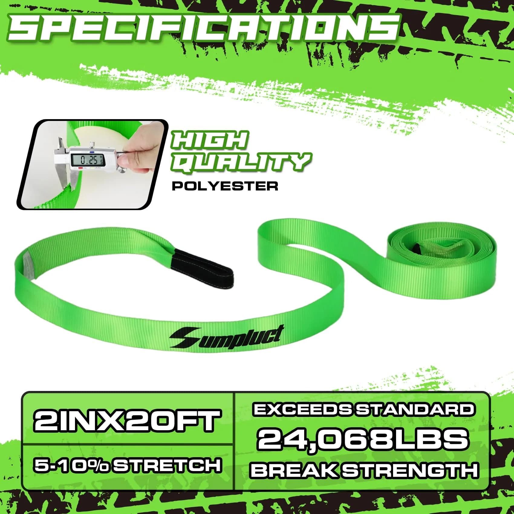 sumpluct Heavy Duty Tow Strap 5.08cm x 6.1m (2" x 20 Ft) with 11,000 kg (24,068 lbs) Break Strength | Reinforced Loops for Vehicle Recovery - view 2