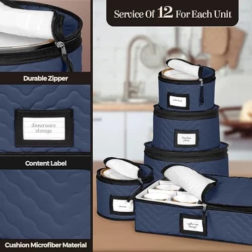 HOLDN’ STORAGE 5-Piece China Storage Container Set for 12 Place Settings | Quilted Microfiber Blue thumbnail 6