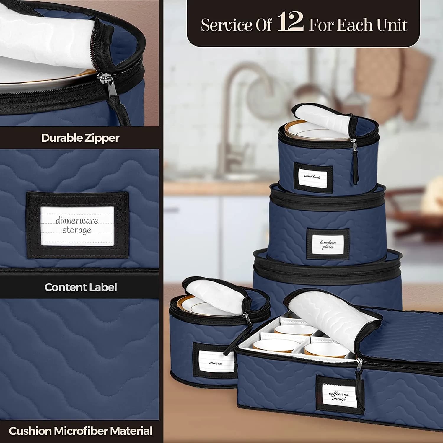 HOLDN’ STORAGE 5-Piece China Storage Container Set for 12 Place Settings | Quilted Microfiber Blue - view 6