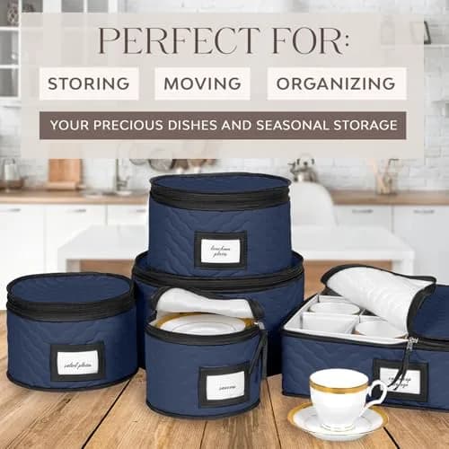 HOLDN’ STORAGE 5-Piece China Storage Container Set for 12 Place Settings | Quilted Microfiber Blue thumbnail 2