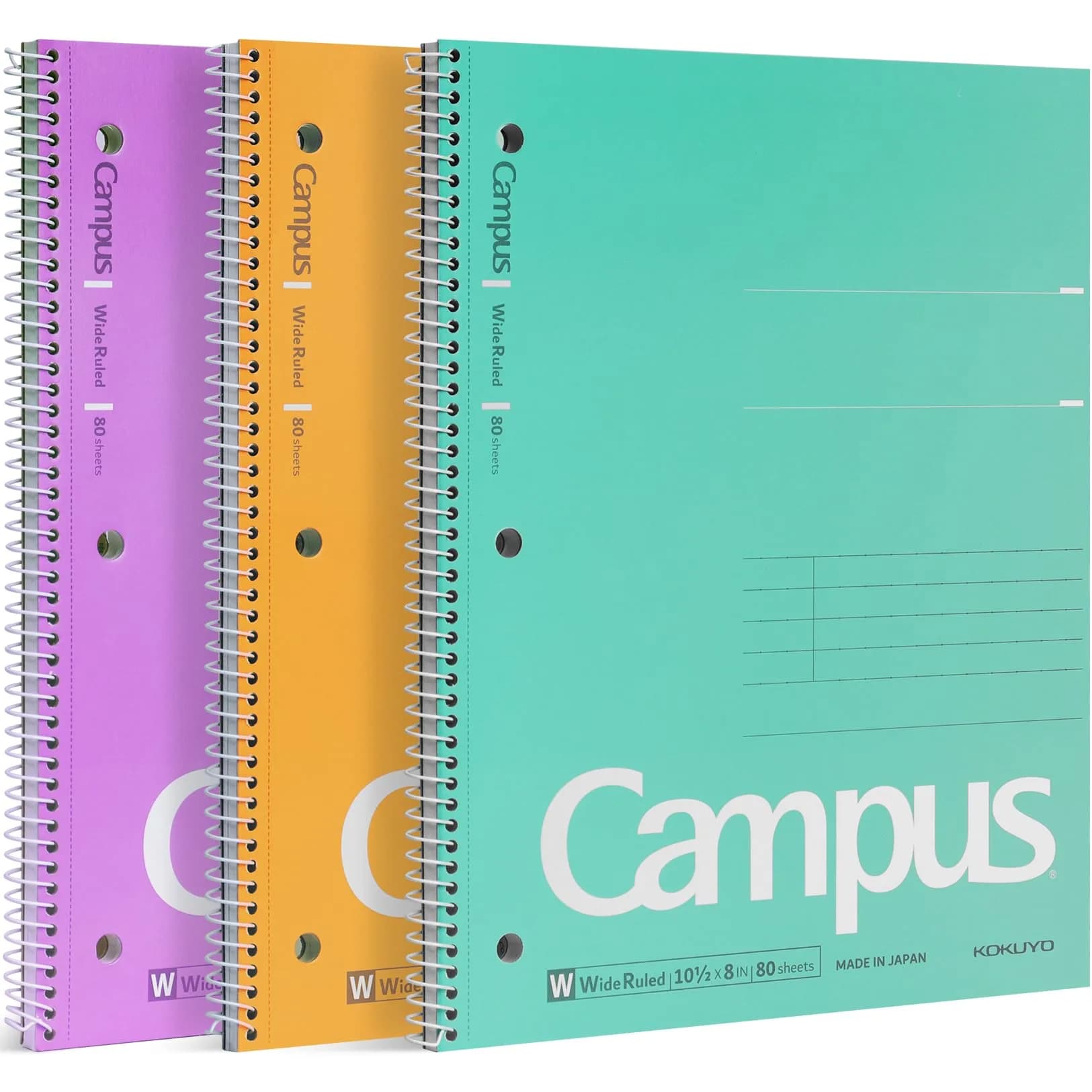 KOKUYO Spiral Notebooks, 3 Pack 10-1/2" x 8" Wide Ruled | Durable Spiral Binding for School & Work — Purple, Orange, Turquoise / Legal