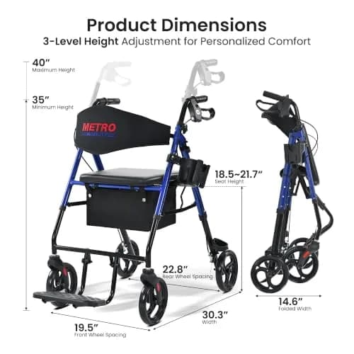 Metro Mobility Aluminum 2-in-1 Rollator Walker with Seat for Seniors, Blue | Foldable Lightweight Support thumbnail 7