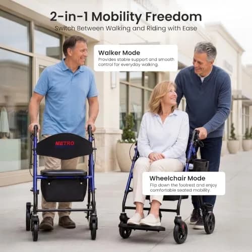 Metro Mobility Aluminum 2-in-1 Rollator Walker with Seat for Seniors, Blue | Foldable Lightweight Support thumbnail 2