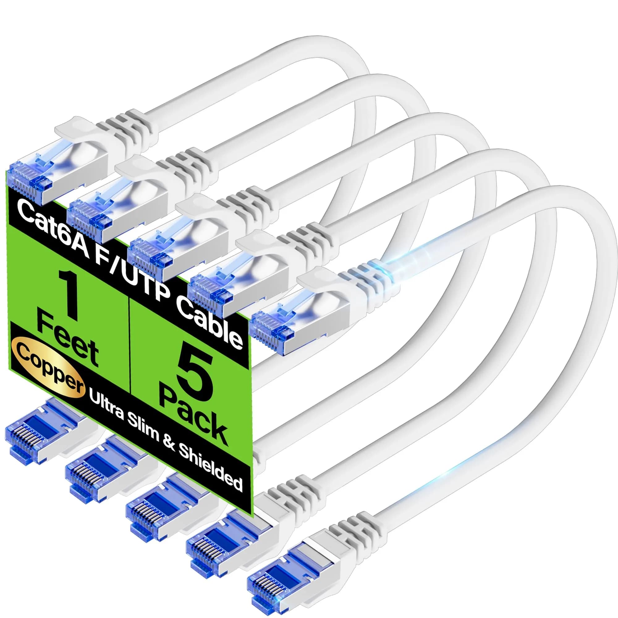 TuokaJu Cat6A Shielded Ethernet Cable 1 ft (5 Pack) | 10Gbps 550MHz Slim F/UTP Pure Copper — White
