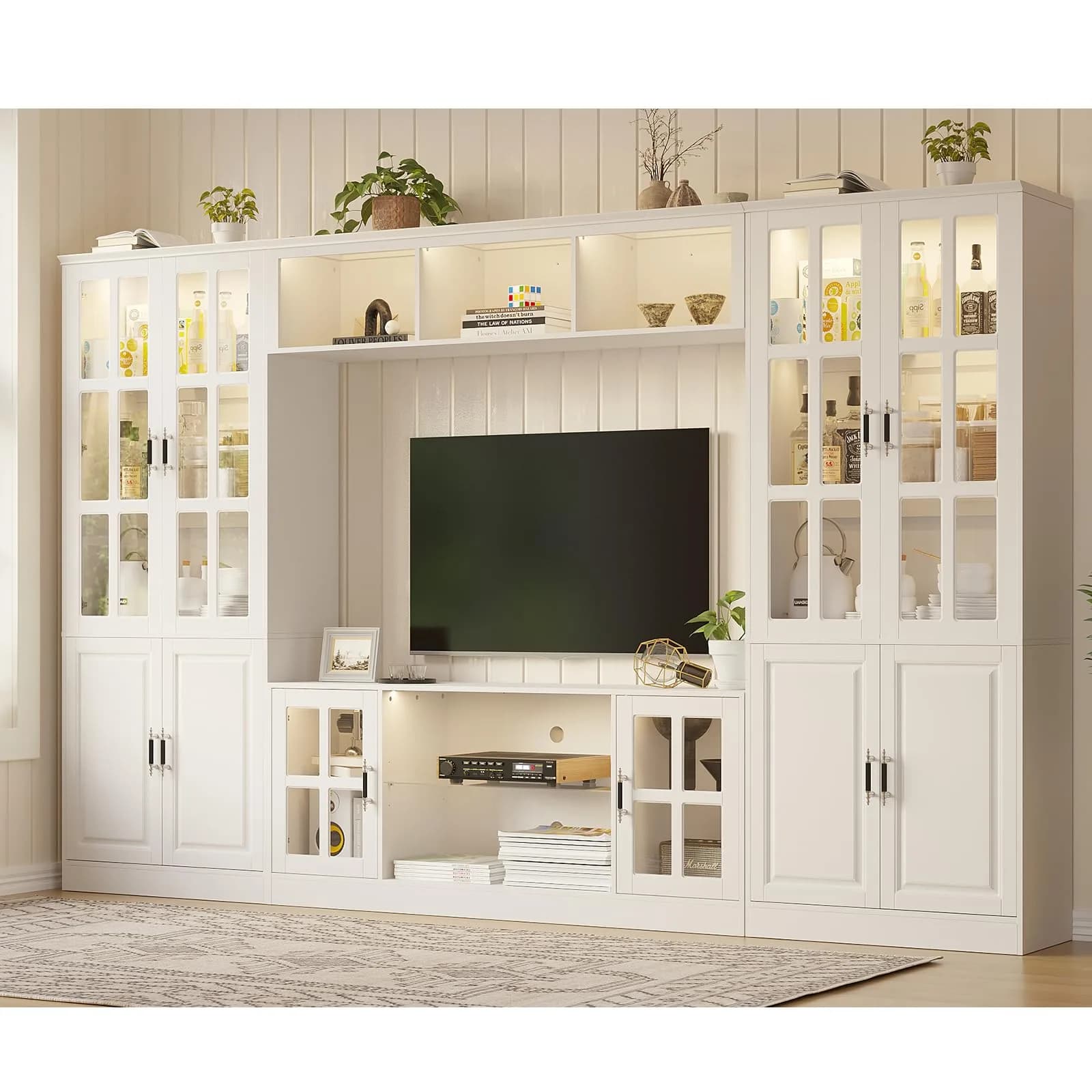 MEISSALIVVE 4-Piece Wall Unit TV Stand with Storage & LED Lights for TVs up to 75" | Modern Entertainment Center with Bookshelves & 4-Door Pantry Cabinet