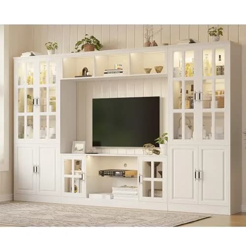 MEISSALIVVE 4-Piece Wall Unit TV Stand with Storage & LED Lights for TVs up to 75" | Modern Entertainment Center with Bookshelves & 4-Door Pantry Cabinet thumbnail 1