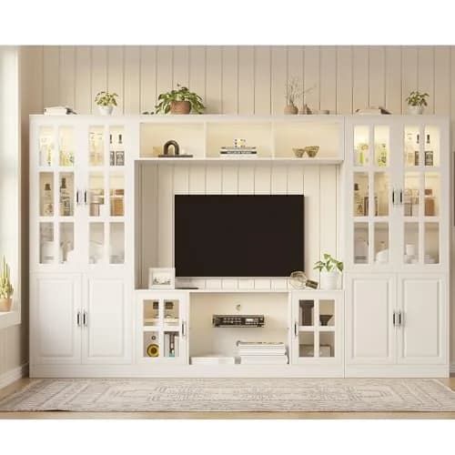 MEISSALIVVE 4-Piece Wall Unit TV Stand with Storage & LED Lights for TVs up to 75" | Modern Entertainment Center with Bookshelves & 4-Door Pantry Cabinet thumbnail 2
