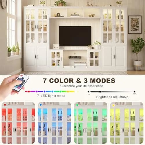 MEISSALIVVE 4-Piece Wall Unit TV Stand with Storage & LED Lights for TVs up to 75" | Modern Entertainment Center with Bookshelves & 4-Door Pantry Cabinet thumbnail 3