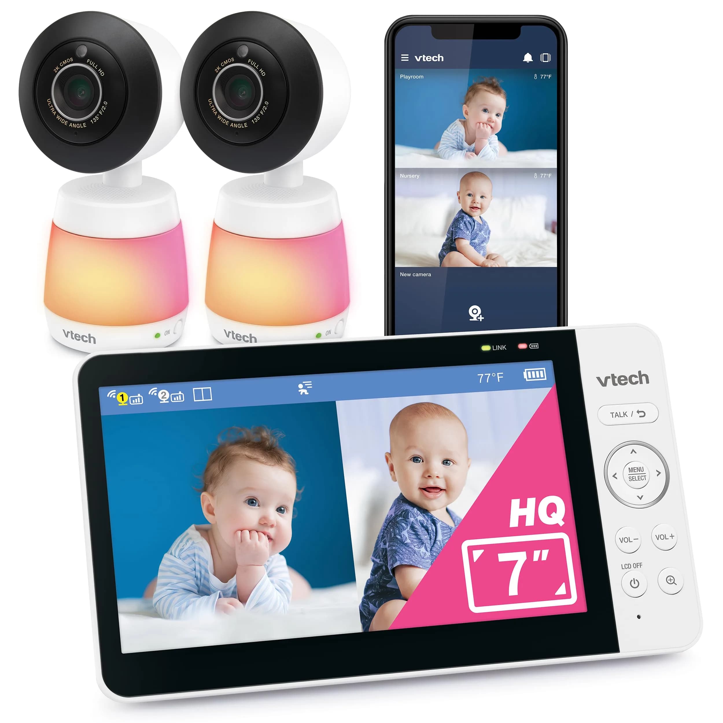 VTech Smart WiFi Baby Monitor with 2 Cameras & 7" Split Screen | 2K HD Video, Wide-Angle View, Night Light, Two-Way Talk - main product image