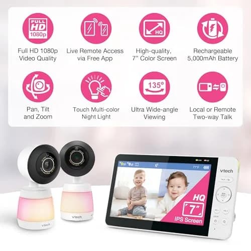 VTech Smart WiFi Baby Monitor with 2 Cameras & 7" Split Screen | 2K HD Video, Wide-Angle View, Night Light, Two-Way Talk thumbnail 2