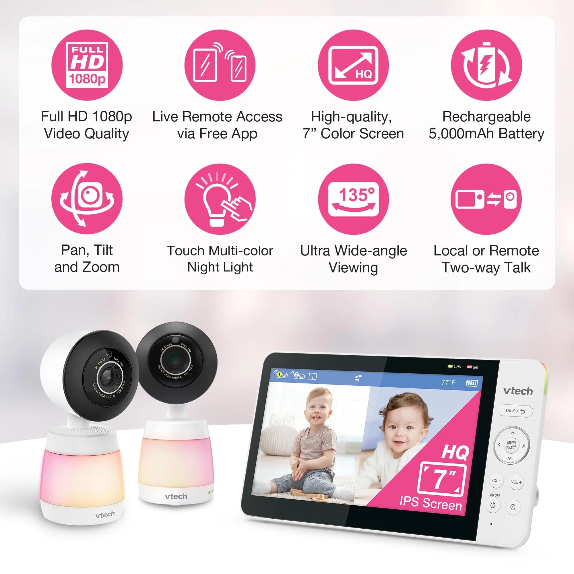 VTech Smart WiFi Baby Monitor with 2 Cameras & 7" Split Screen | 2K HD Video, Wide-Angle View, Night Light, Two-Way Talk - view 2