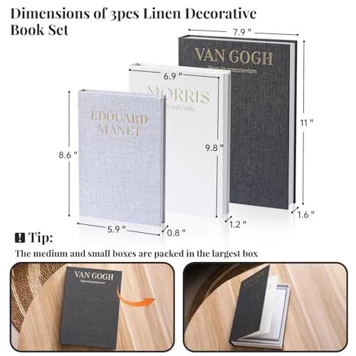 VAGLOTE Decorative Books for Home Decor Set of 3 Aesthetic Faux Book Linen Fake Books for Coffee Table Decor, Entryway and Bookshelf Decor, Hidden Storage with Magnetic Closure (3 Count, Gray-Beige-Black) thumbnail 2