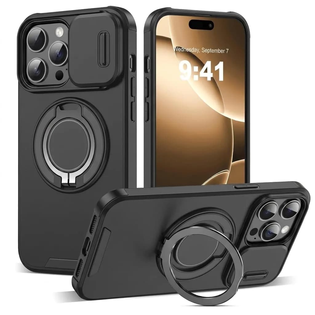 Doulings for iPhone 16 Pro Max Case,Black,Slide Camera Cover,Kickstand | Precise Fit & Military Grade Protection — Black
