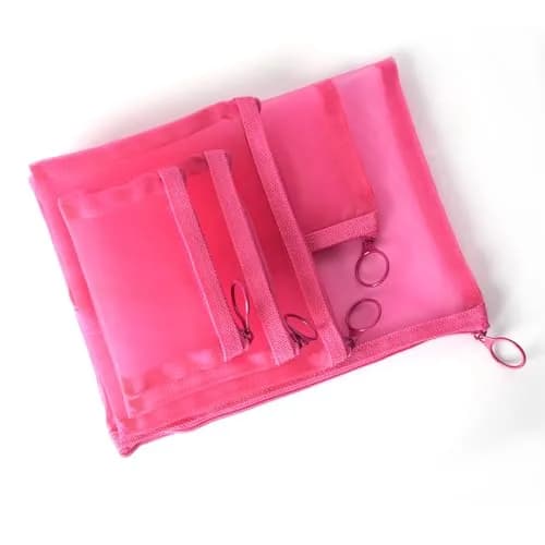 patu Zipper Mesh Bags Set of 5 (XS/S/M/L & Long Pouch) | Lightweight & Breathable Travel Toiletry Kit — Pink (5 pcs)