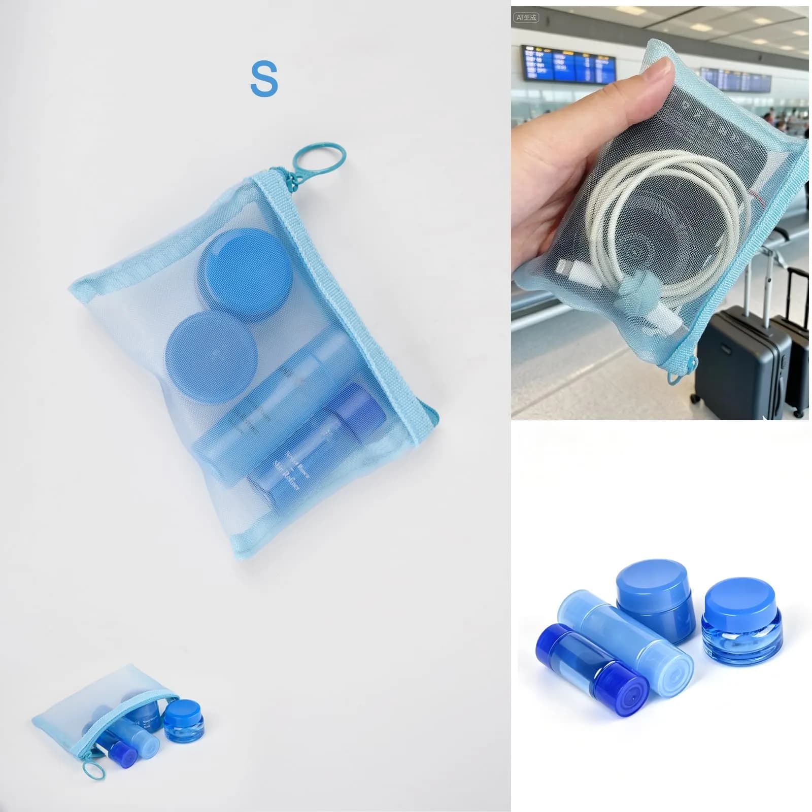 patu Zipper Mesh Bags Set of 5 (XS/S/M/L & Long Pouch) Blue | Lightweight Travel Toiletry Organizer - view 5