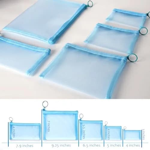patu Zipper Mesh Bags Set of 5 (XS/S/M/L & Long Pouch) Blue | Lightweight Travel Toiletry Organizer thumbnail 3