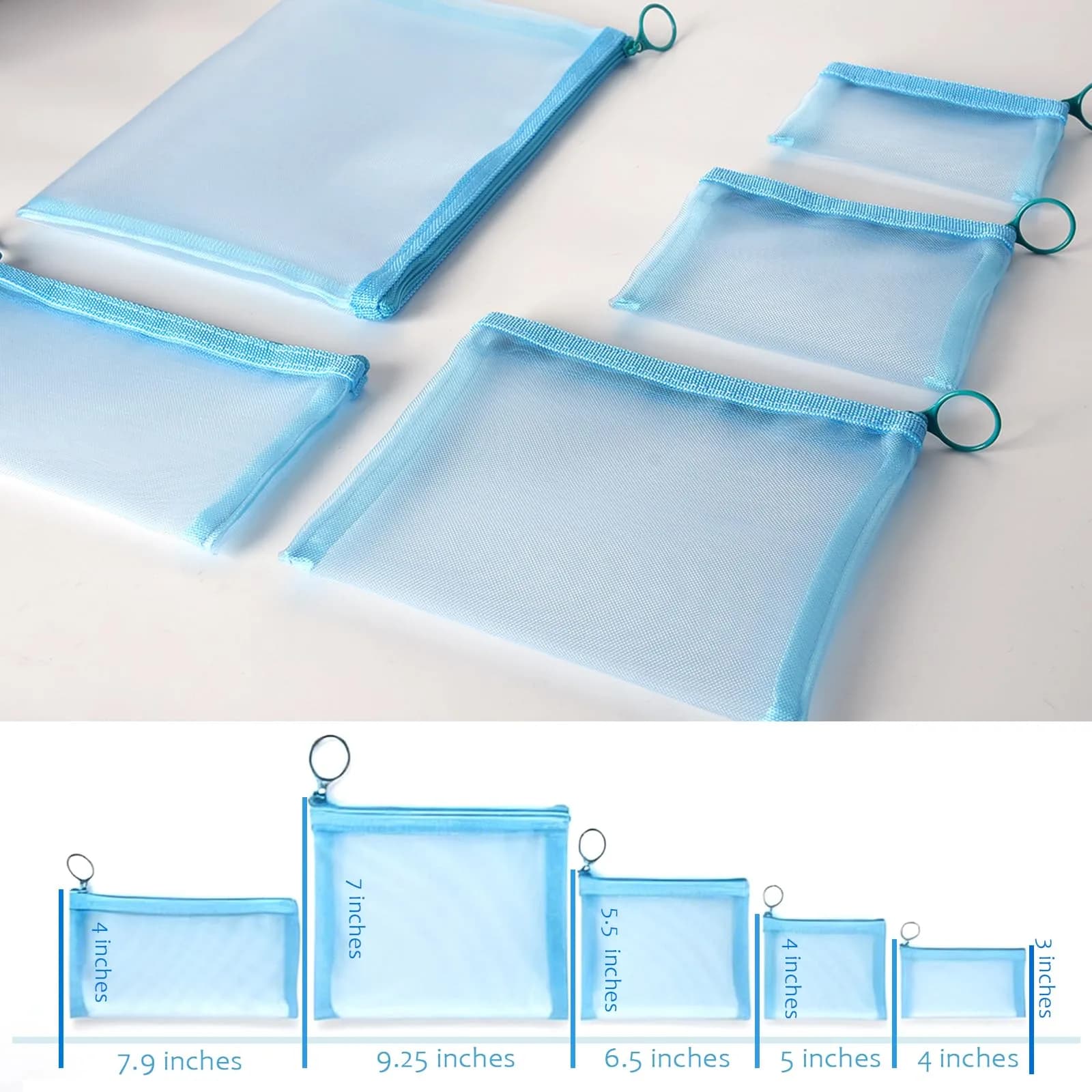patu Zipper Mesh Bags Set of 5 (XS/S/M/L & Long Pouch) Blue | Lightweight Travel Toiletry Organizer - view 3