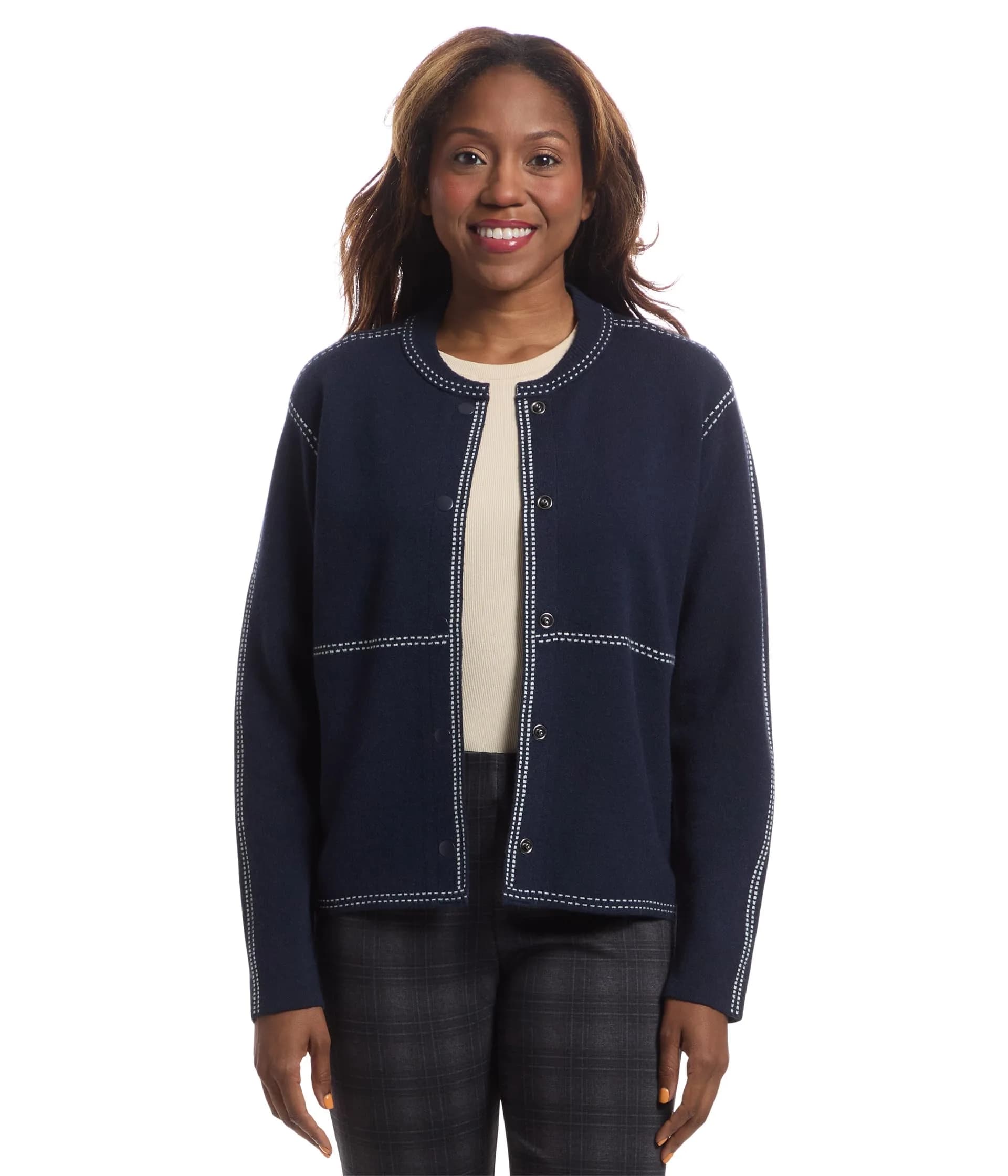 Elliott Lauren Stitch Perfect-Snap Closure Bomber Sweater, Navy | Cotton Blend, Modern Fit, Long Sleeve