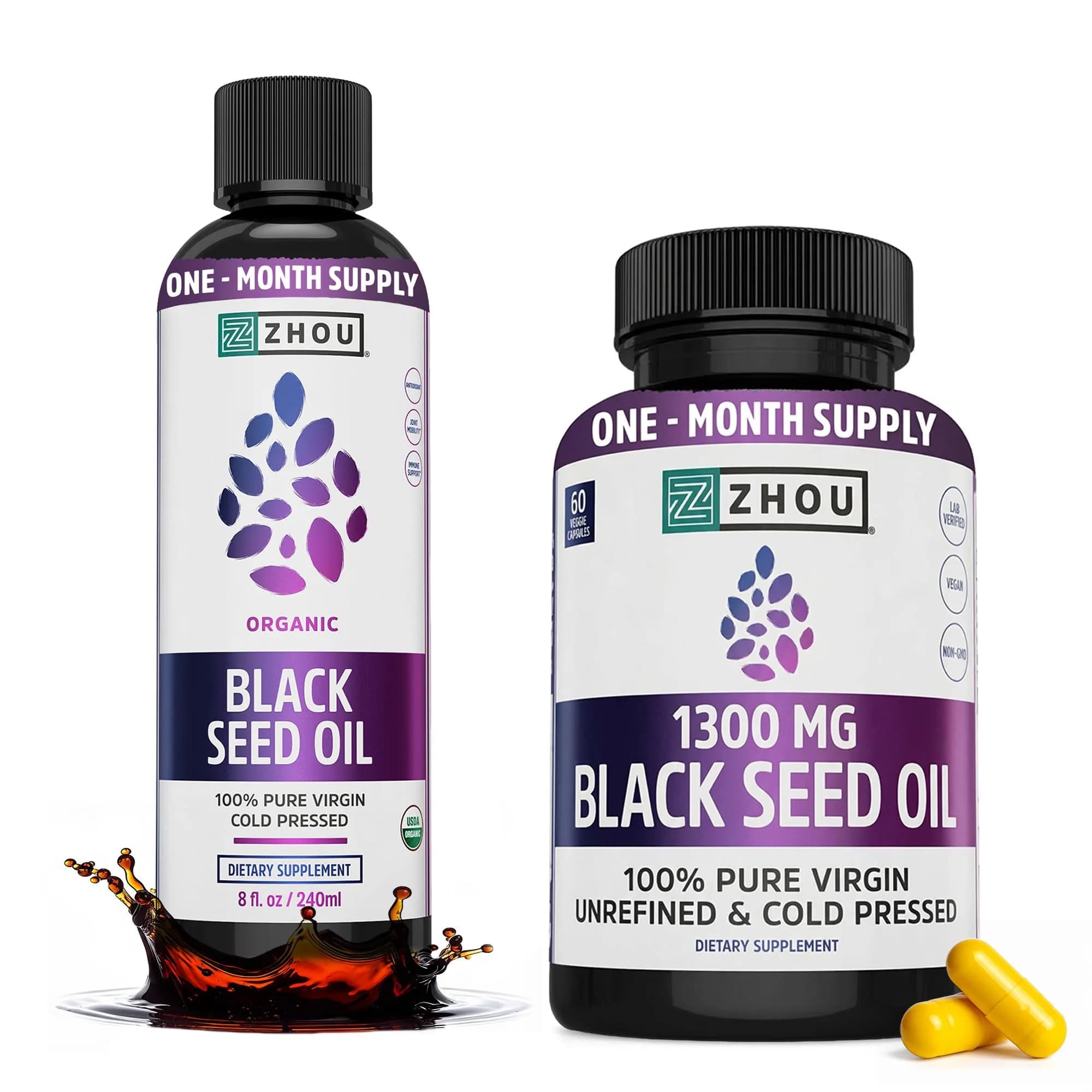 ZHOU Black Seed Oil & Capsules - 8 fl oz Bottle & 60 Capsules | Supports Hair & Skin — 8 Fl Oz +