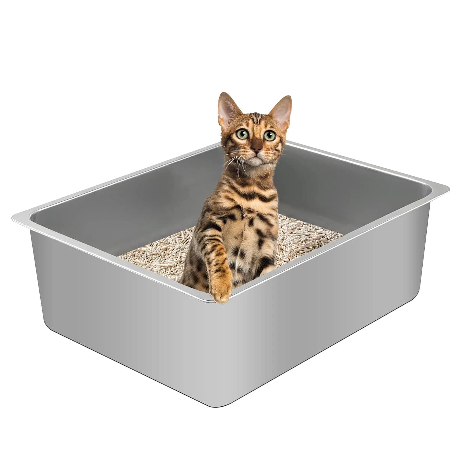 Tondid Stainless Steel Cat Litter Box 17.7" x 13.8" x 6" | High Sided, Easy to Clean