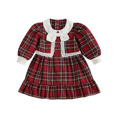 Kuriozud Toddler Baby Girl Christmas Dress 3-4T | Red Green Plaid Long Sleeve Princess Outfit thumbnail 1