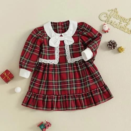 Kuriozud Toddler Baby Girl Christmas Dress 3-4T | Red Green Plaid Long Sleeve Princess Outfit thumbnail 4