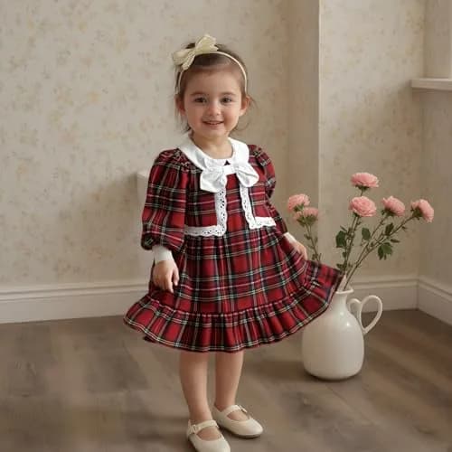 Kuriozud Toddler Baby Girl Christmas Dress 3-4T | Red Green Plaid Long Sleeve Princess Outfit thumbnail 2