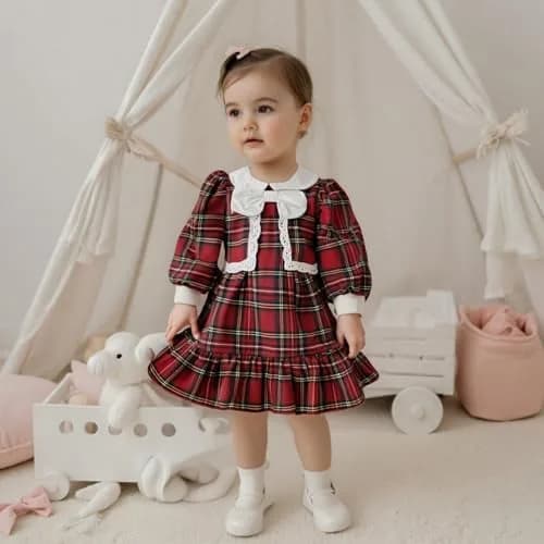 Kuriozud Toddler Baby Girl Christmas Dress 3-4T | Red Green Plaid Long Sleeve Princess Outfit thumbnail 3