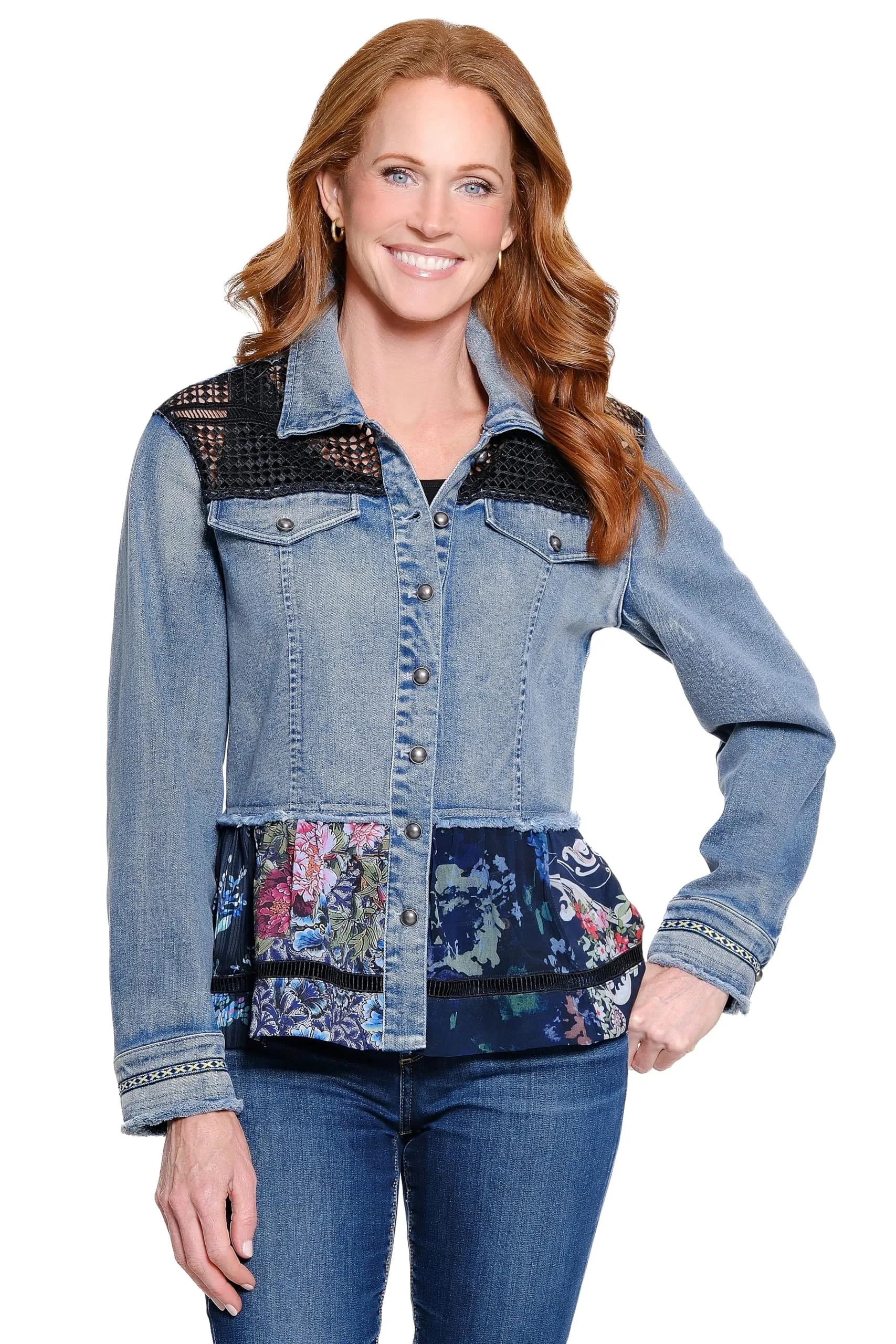 john mark Denim Button Front 3/4 Sleeves Jacket with Lace and Print Details | Elegant Casual Women's Coat