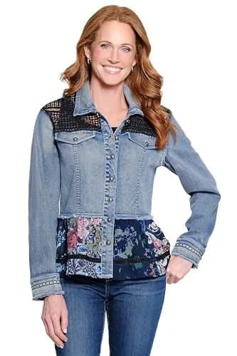 john mark Denim Button Front 3/4 Sleeves Jacket with Lace and Print Details | Elegant Casual Women's Coat thumbnail 1