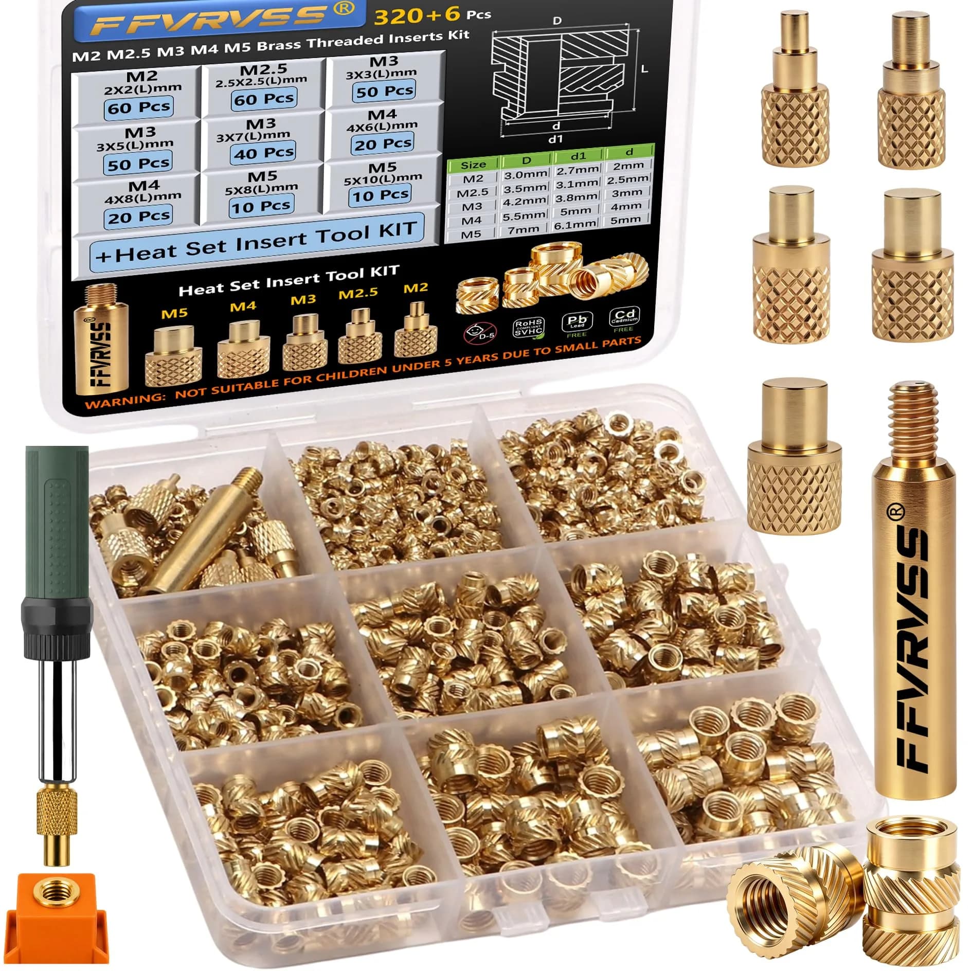 FFVRVSS Brass Threaded Inserts Kit M2-M5 (320+6 pcs) | Heat Set for 3D Printing & Plastics - main product image