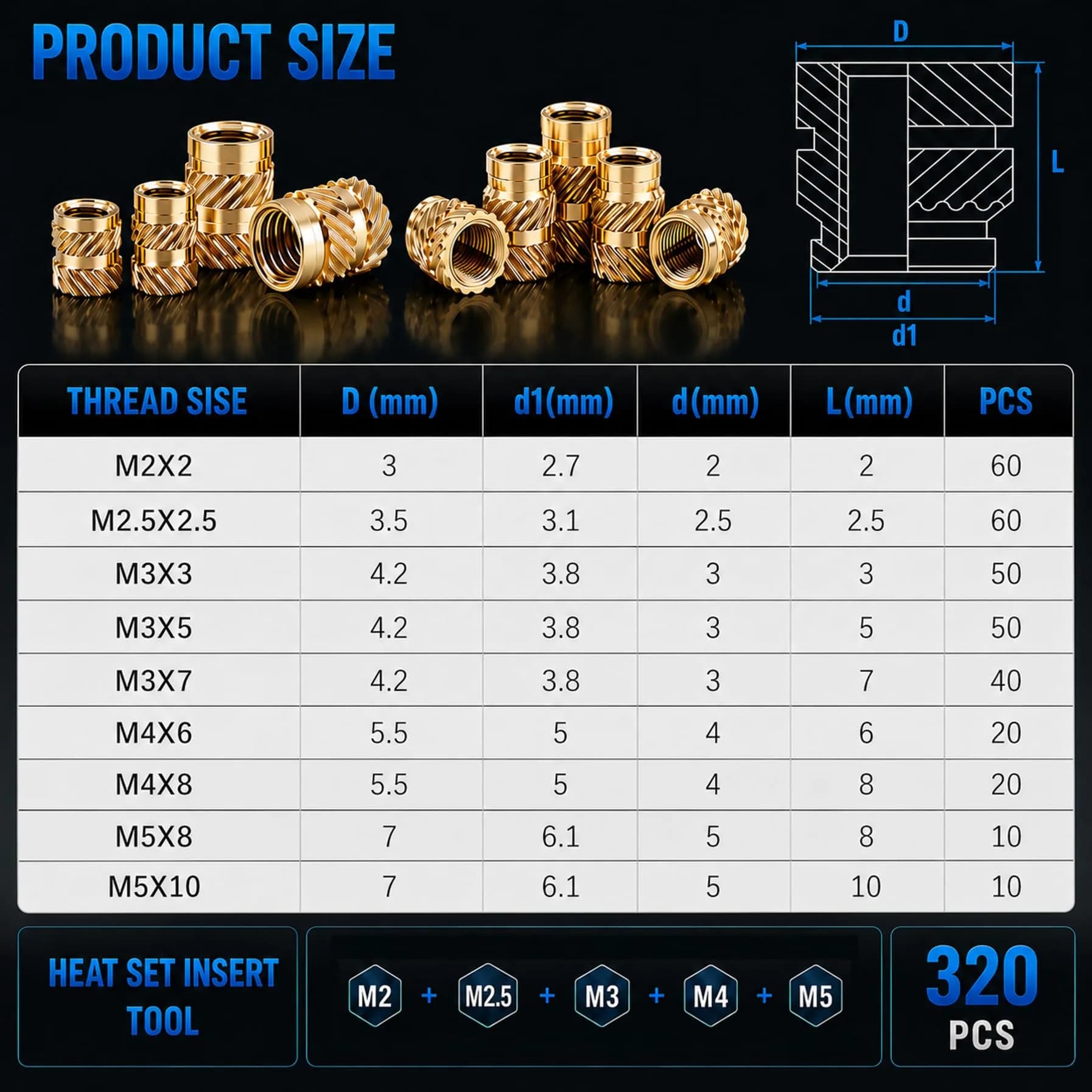 FFVRVSS Brass Threaded Inserts Kit M2-M5 (320+6 pcs) | Heat Set for 3D Printing & Plastics - view 7