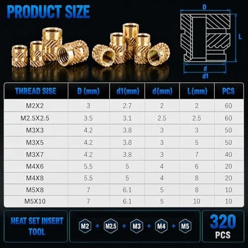 FFVRVSS Brass Threaded Inserts Kit M2-M5 (320+6 pcs) | Heat Set for 3D Printing & Plastics thumbnail 7