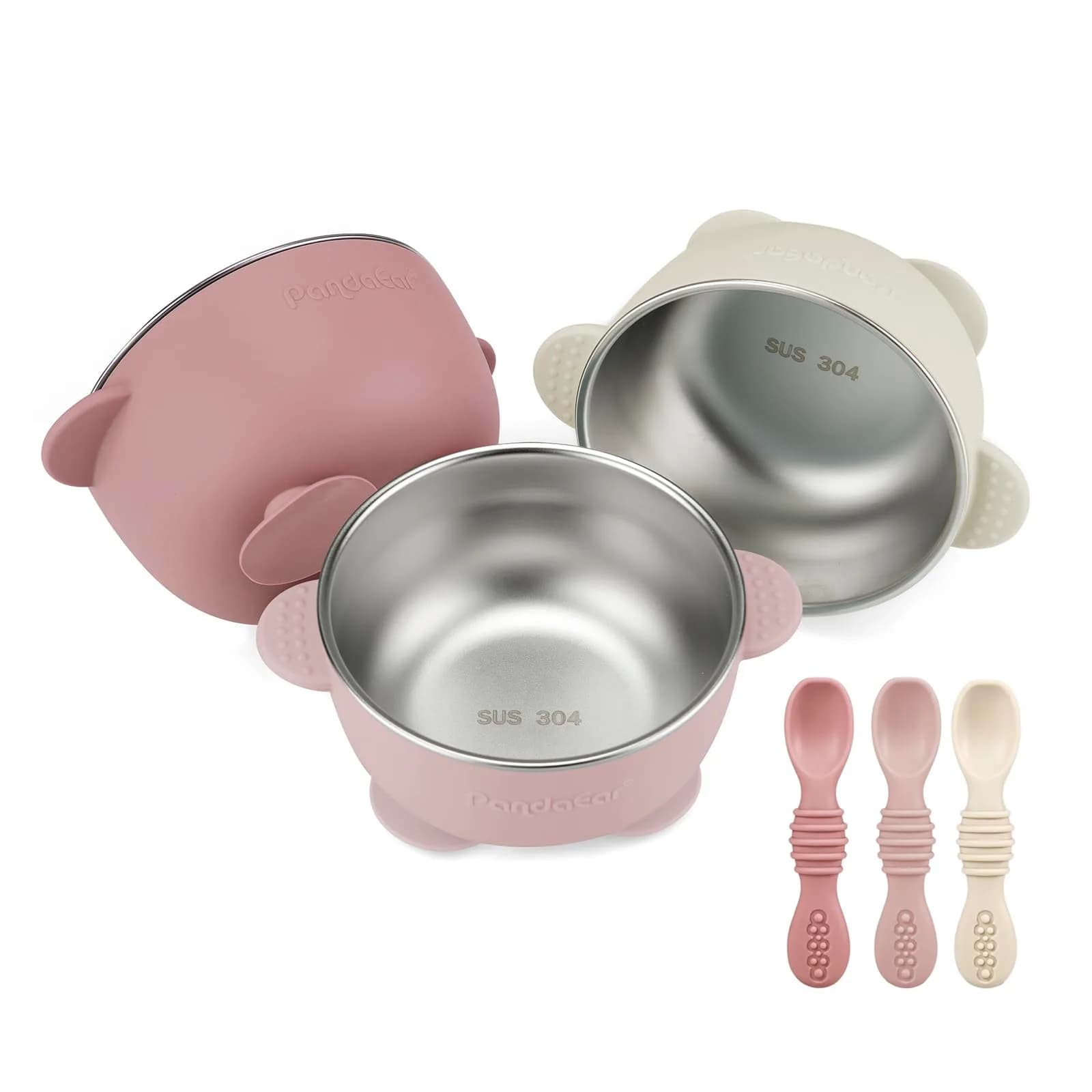PandaEar 3 Pack Stainless Steel Suction Baby Bowls & 3 Spoons | BPA-Free Toddler Feeding Set (Pink White) - main product image