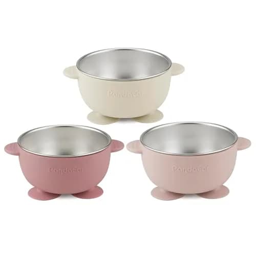 PandaEar 3 Pack Stainless Steel Suction Baby Bowls & 3 Spoons | BPA-Free Toddler Feeding Set (Pink White) thumbnail 4