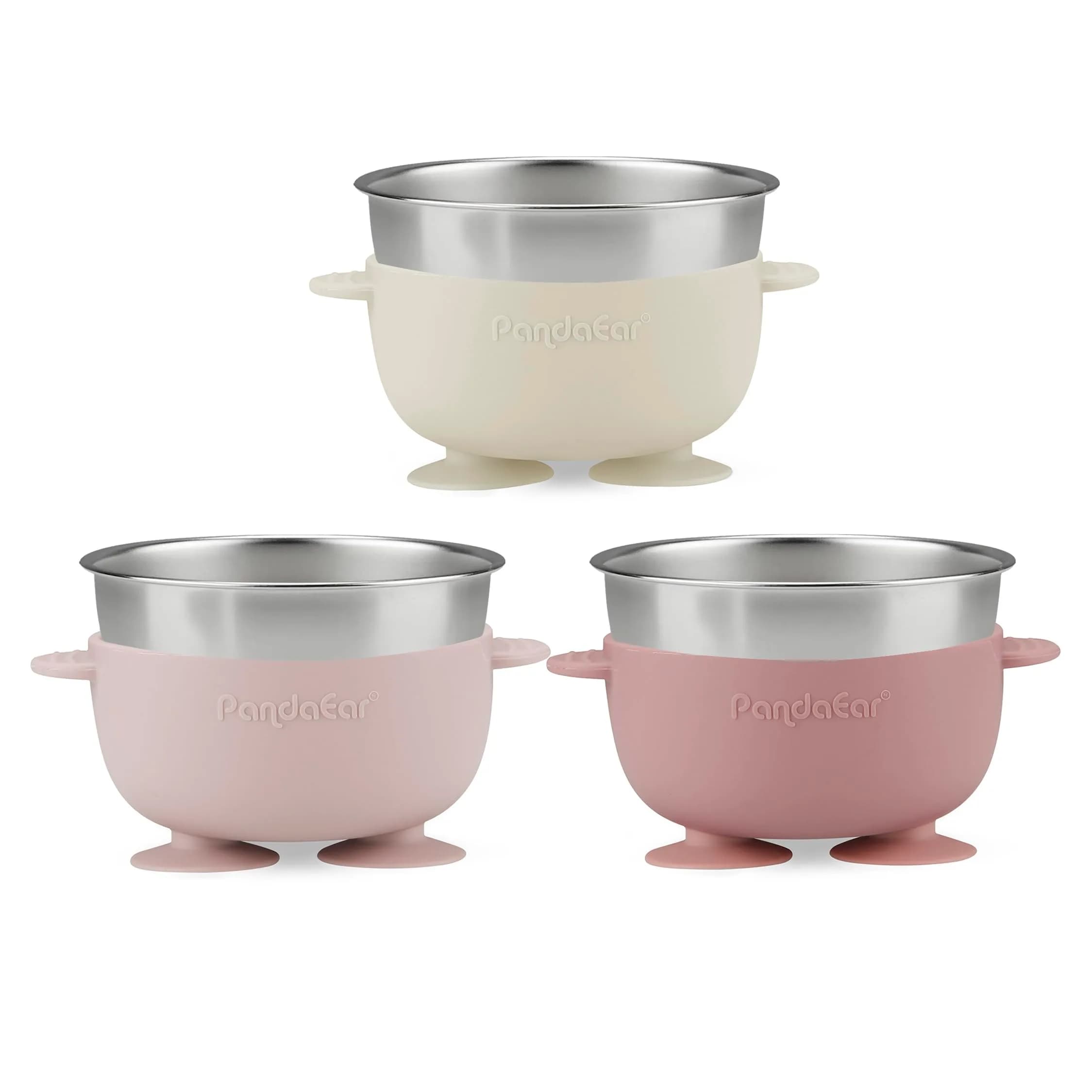 PandaEar 3 Pack Stainless Steel Suction Baby Bowls & 3 Spoons | BPA-Free Toddler Feeding Set (Pink White) - view 5