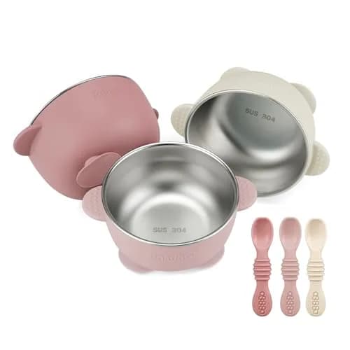 PandaEar 3 Pack Stainless Steel Suction Baby Bowls & 3 Spoons | BPA-Free Toddler Feeding Set (Pink White) thumbnail 1