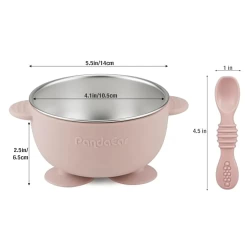 PandaEar 3 Pack Stainless Steel Suction Baby Bowls & 3 Spoons | BPA-Free Toddler Feeding Set (Pink White) thumbnail 2