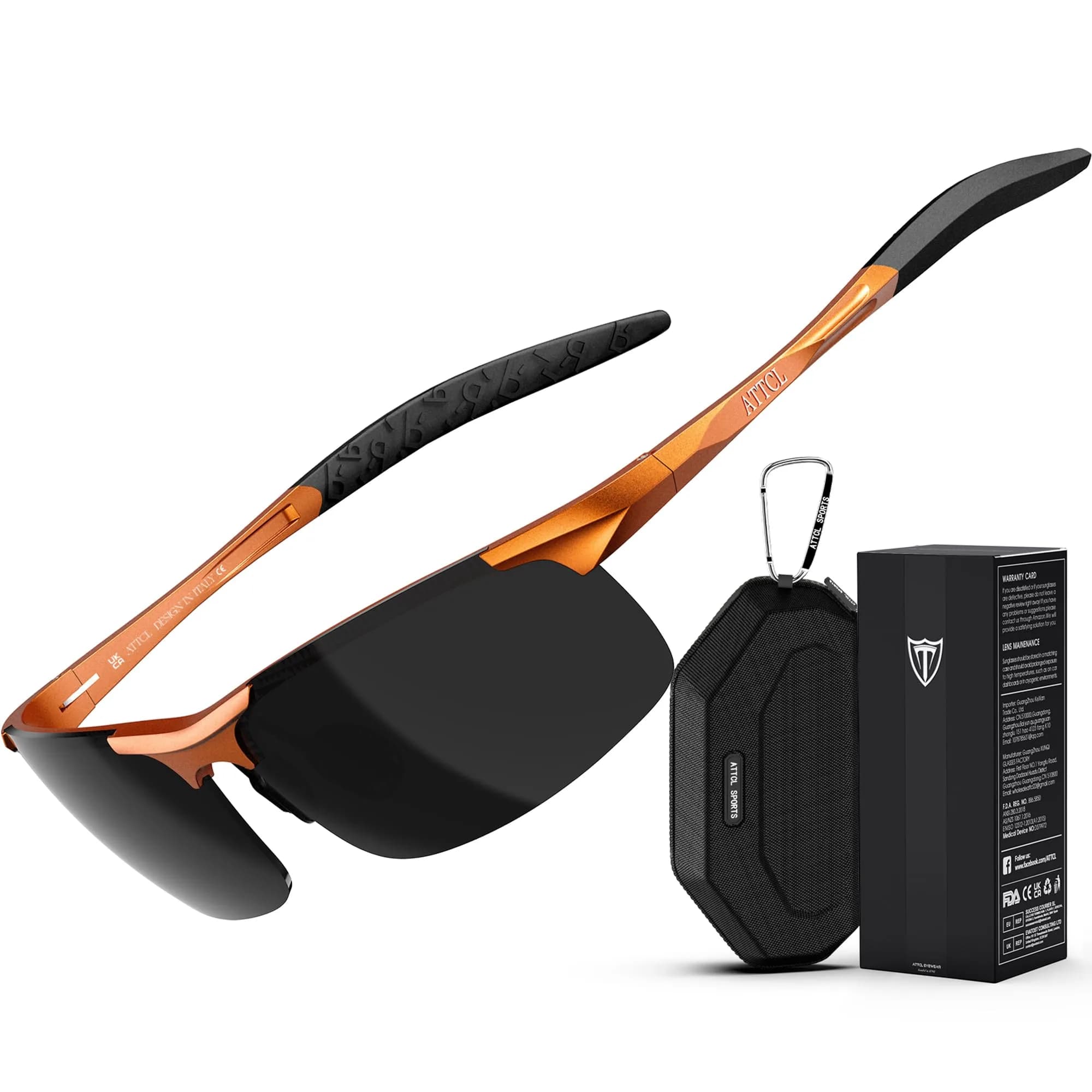 ATTCL Polarized Sunglasses Men 2026-Orange-Red-Grey Non-Mirrored Wrap Around Lightweight Metal Sports Sun Glasses - main product image