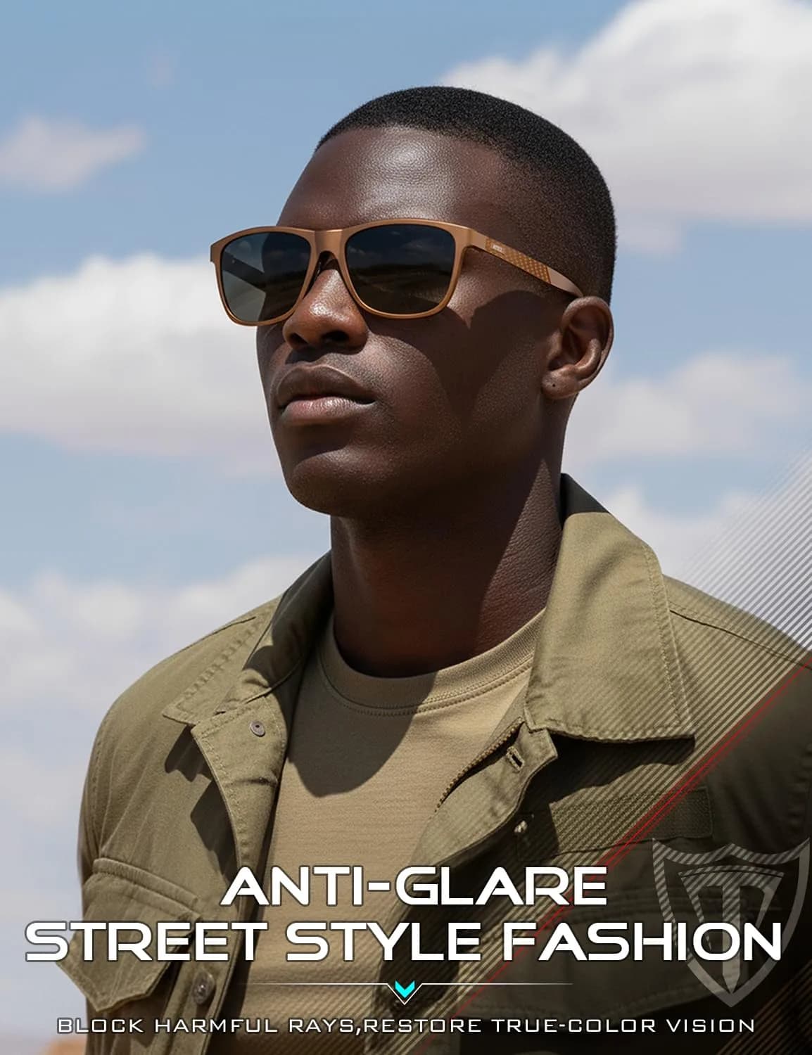 ATTCL Polarized Sunglasses for Men - Orange Red-Grey Rectangular Frame, Non-Mirrored Lenses - view 3