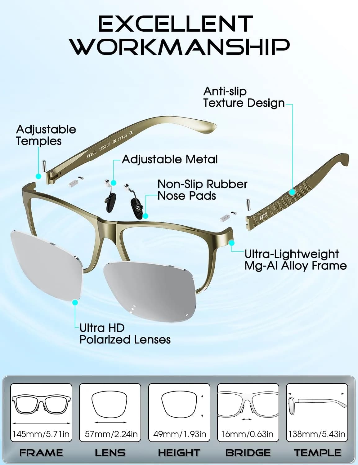 ATTCL Polarized Sunglasses Men Al-Mg Metal Ultralight UV400 for Driving | Rectangular Frame, Silver Mirrored Lenses - view 7