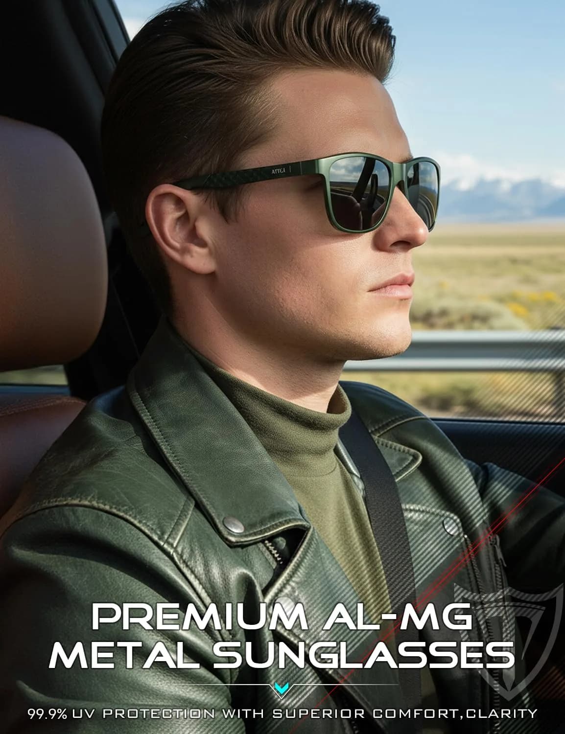 ATTCL Army Green-Grey Polarized Sunglasses for Men - Al-Mg Metal Ultralight Rectangular Frame - view 2