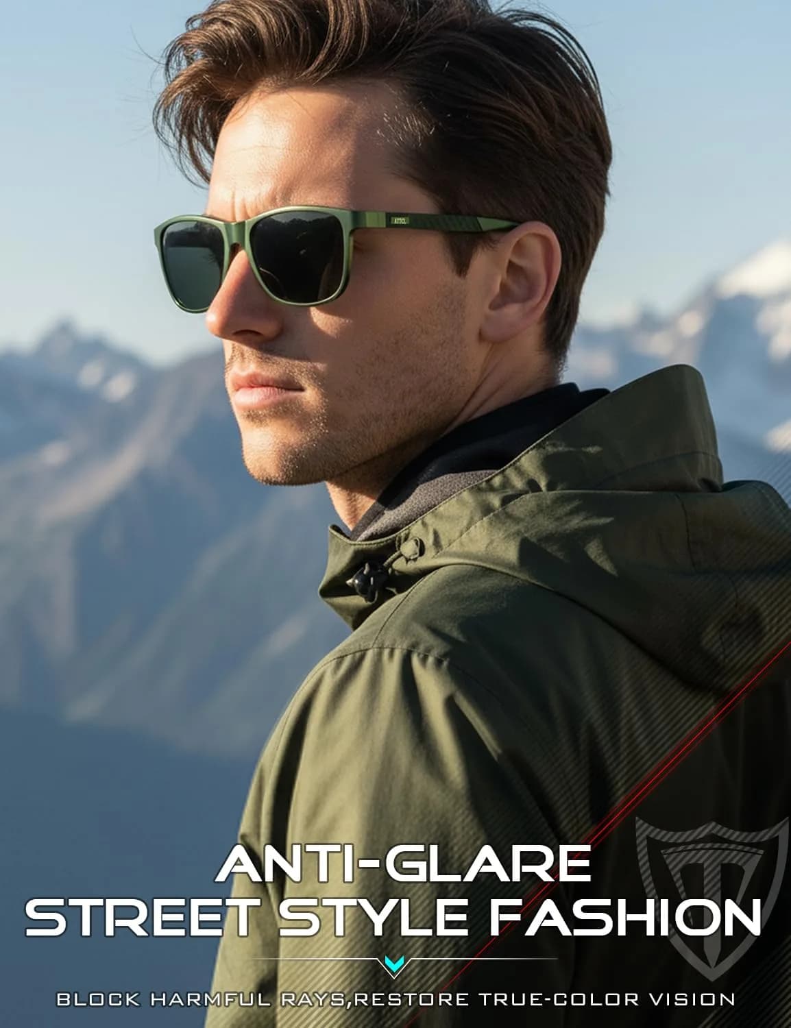 ATTCL Army Green-Grey Polarized Sunglasses for Men - Al-Mg Metal Ultralight Rectangular Frame - view 3