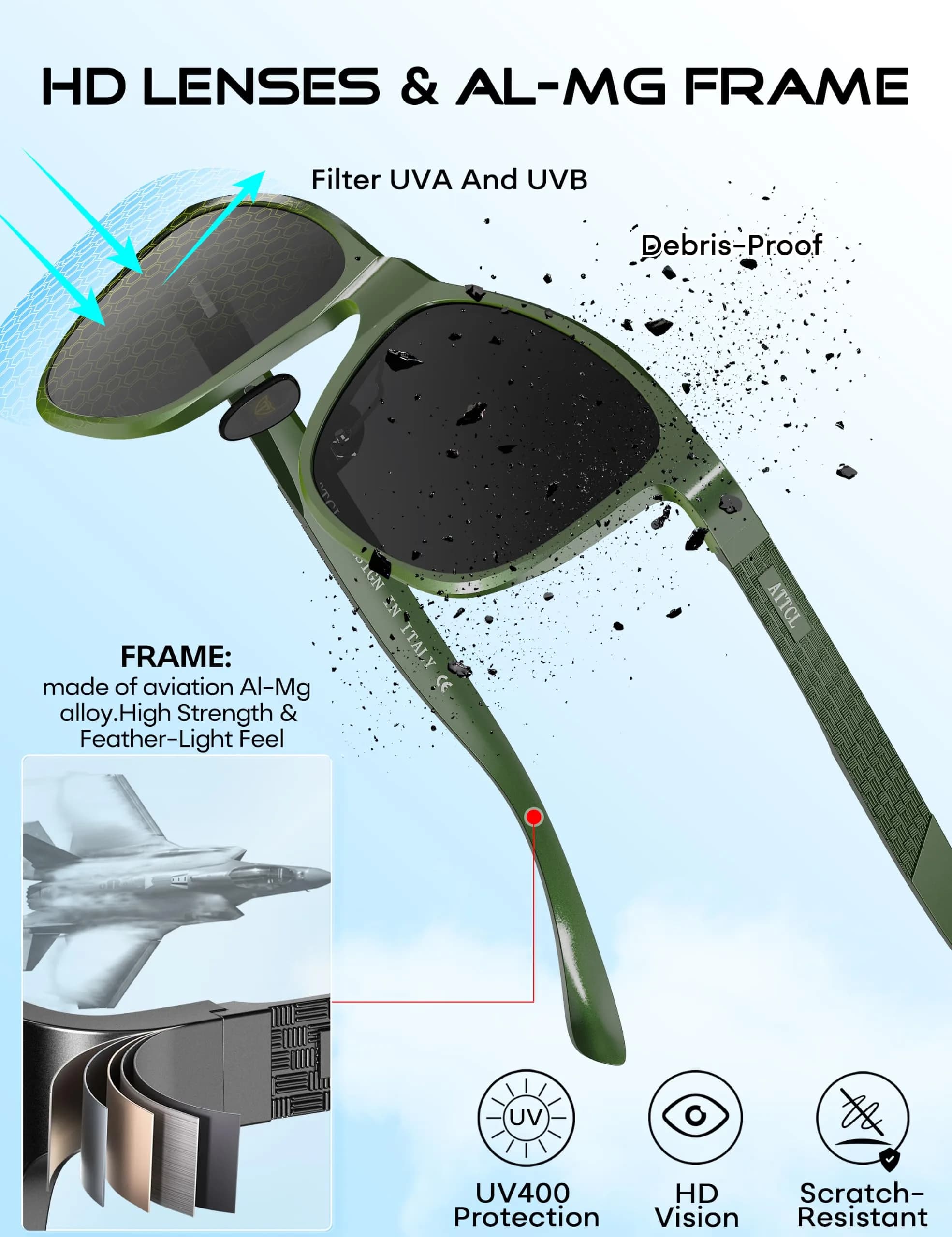 ATTCL Army Green-Grey Polarized Sunglasses for Men - Al-Mg Metal Ultralight Rectangular Frame - view 4
