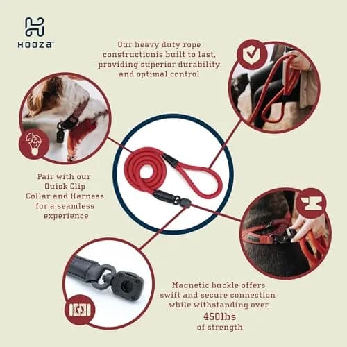 HOOZA Magnetic Rope Leash - Red, Medium | Quick Clip Magnetic Dog Leash with Heavy-Duty Rope thumbnail 2
