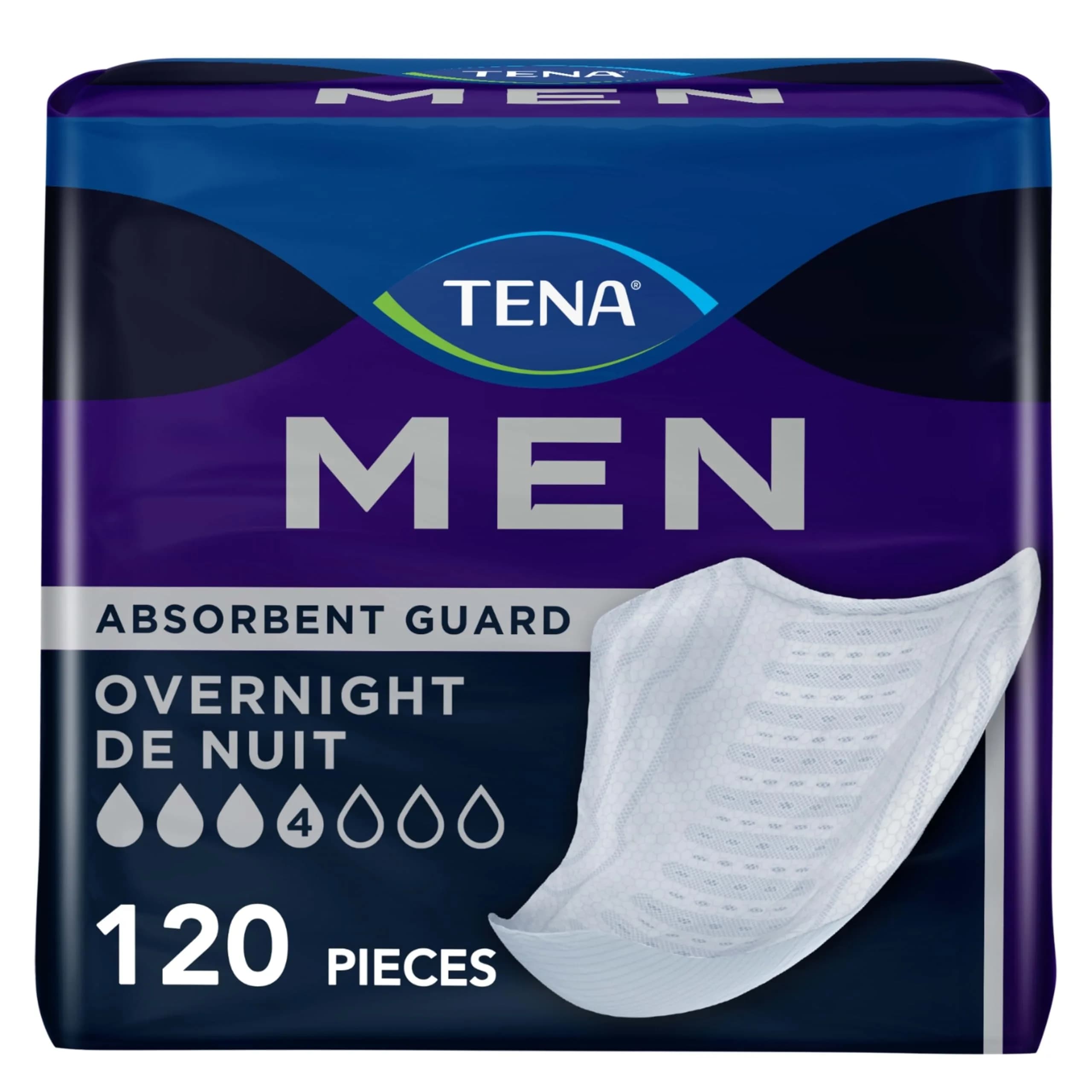 TENA Men Overnight Guards 120 ct | Discreet, Ultra-Absorbent, Odor-Controlled Incontinence Pads for Men — White